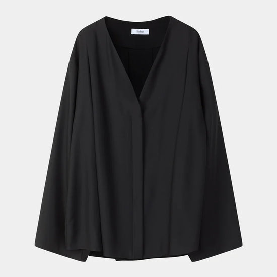 A black draped wrap jacket with wide, flowing sleeves and a V-neckline, displayed against a light gray background.
