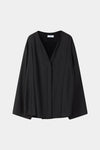 A black draped wrap jacket with wide, flowing sleeves and a V-neckline, displayed against a light gray background.