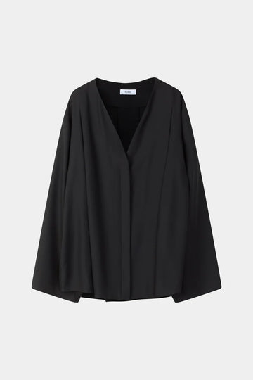 A black draped wrap jacket with wide, flowing sleeves and a V-neckline, displayed against a light gray background.