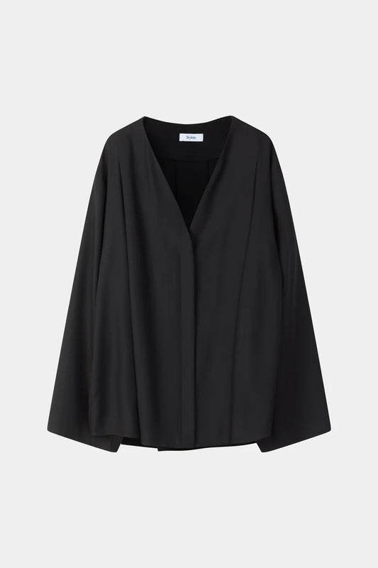 A black draped wrap jacket with wide, flowing sleeves and a V-neckline, displayed against a light gray background.