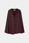 A dark brown, long-sleeved draped wrap jacket with a V-neckline, displayed on a neutral light gray background.