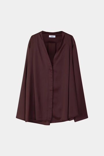 A dark brown, long-sleeved draped wrap jacket with a V-neckline, displayed on a neutral light gray background.