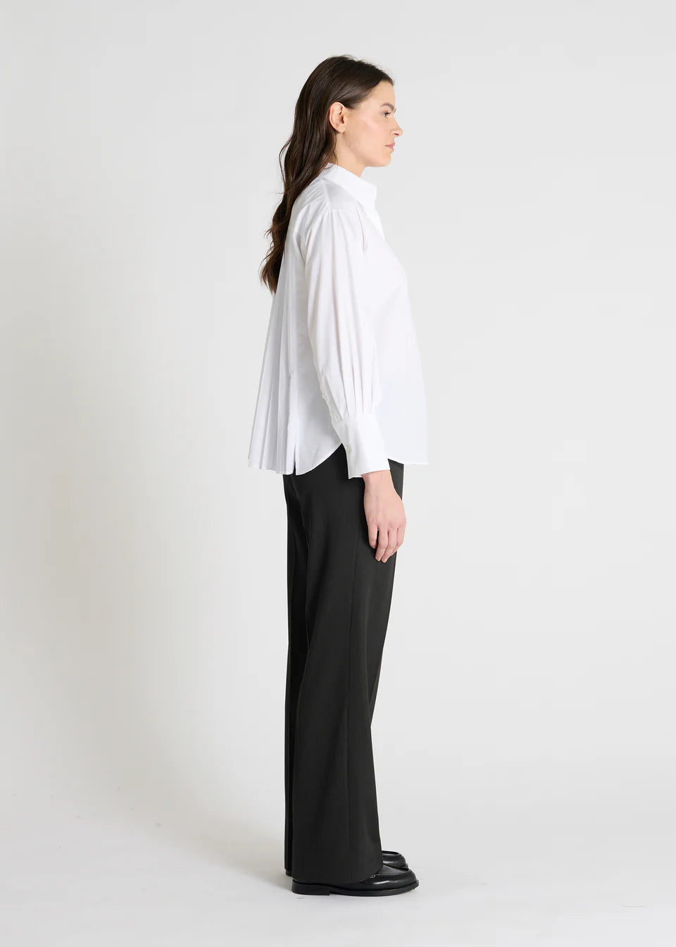 white shirt with concealed placket and pleated rear side view