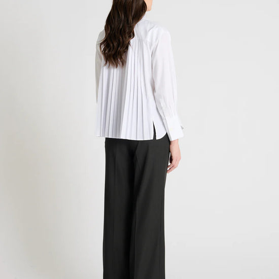 white shirt with concealed placket and pleated rear, rear view