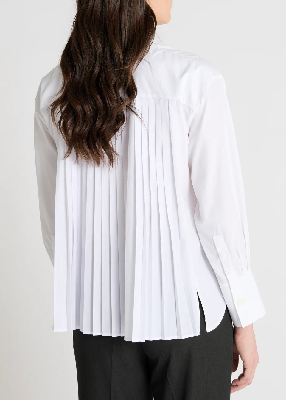 white shirt with concealed placket and pleated rear rear view