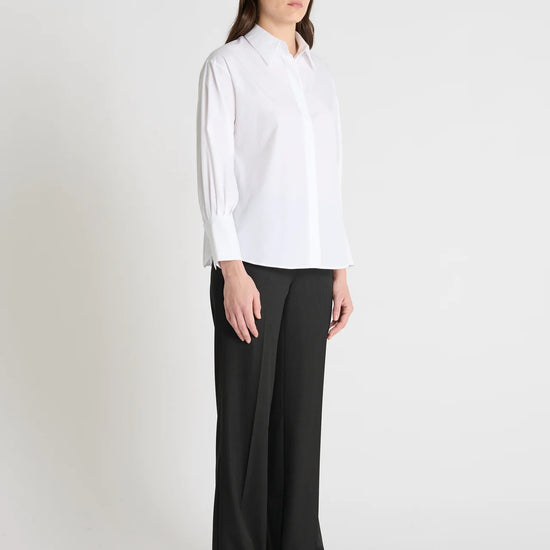 white shirt with concealed placket and pleated rear