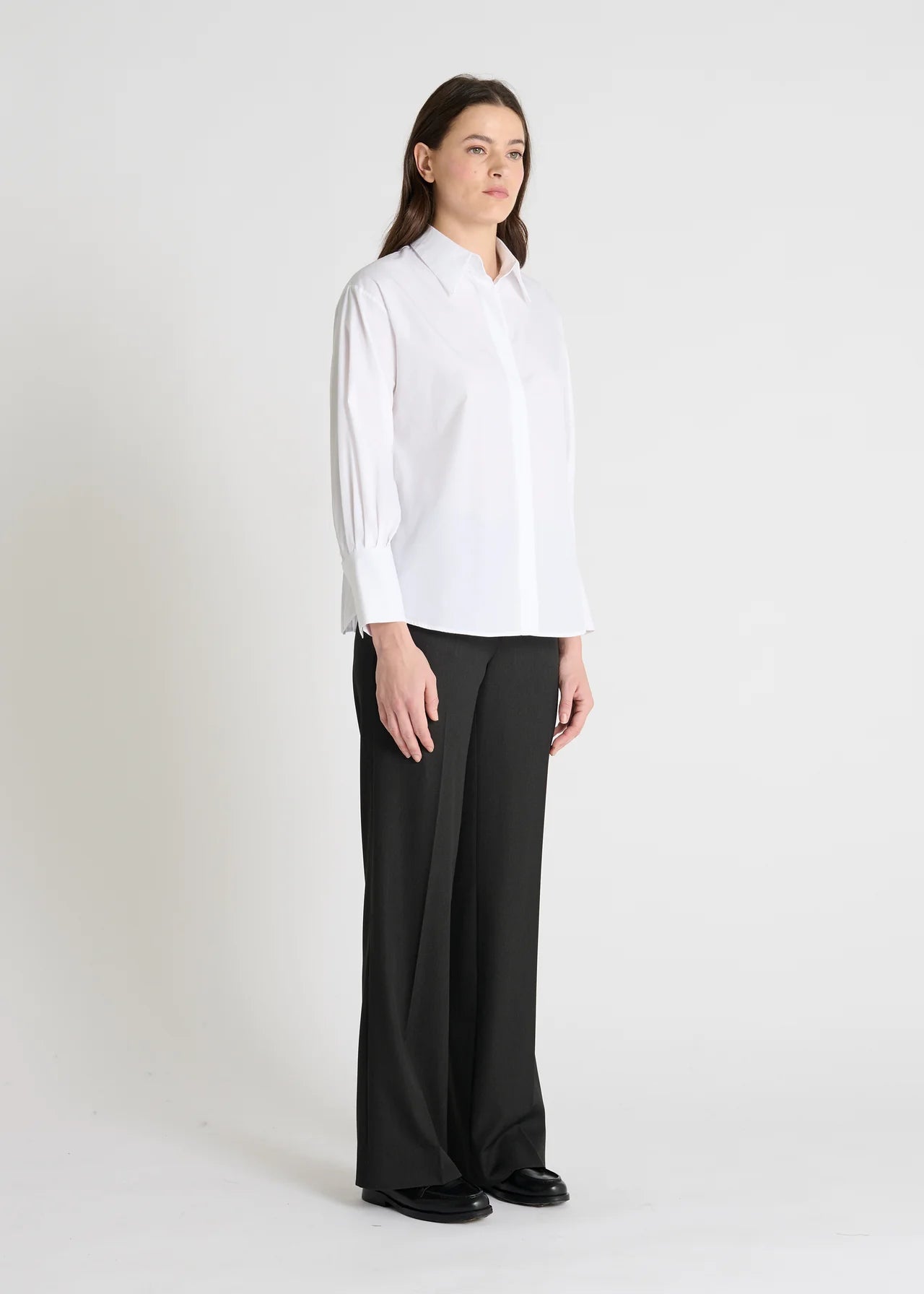 white shirt with concealed placket and pleated rear