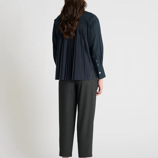 dark navy shirt with concealed placket and pleated rear rear view