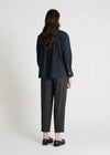 dark navy shirt with concealed placket and pleated rear rear view