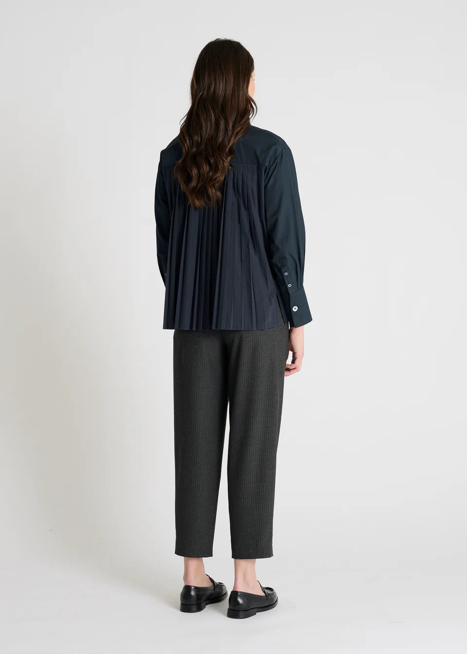 dark navy shirt with concealed placket and pleated rear rear view