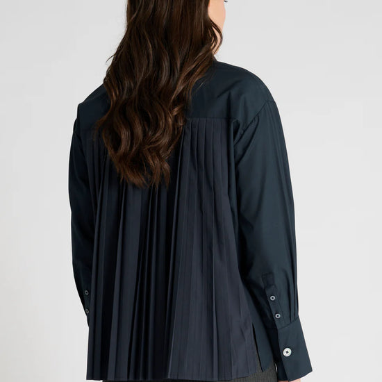 dark navy shirt with concealed placket and pleated rear rear view