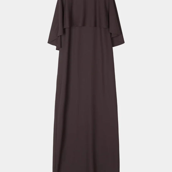 A dark brown midi dress with short flutter sleeves and a round neckline, shown against a light gray background.