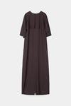 A dark brown midi dress with short flutter sleeves and a round neckline, shown against a light gray background.