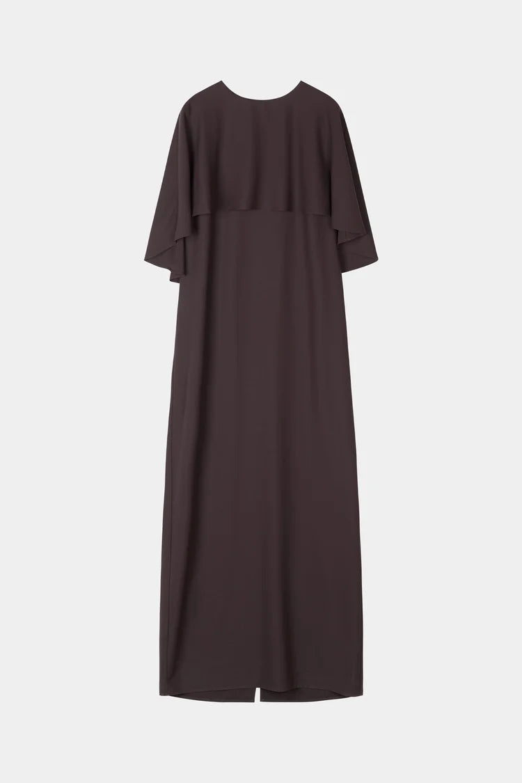 A dark brown midi dress with short flutter sleeves and a round neckline, shown against a light gray background.