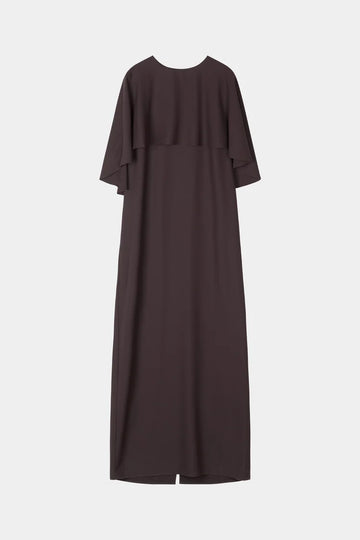 A dark brown midi dress with short flutter sleeves and a round neckline, shown against a light gray background.