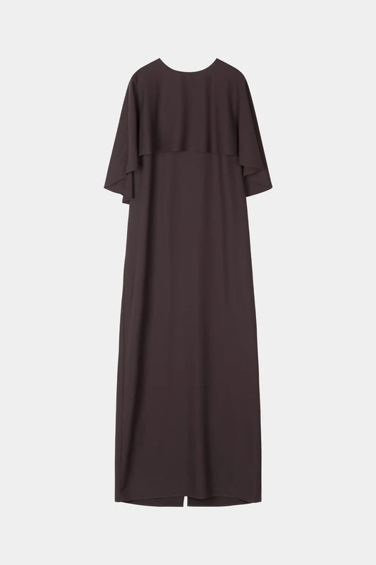 A dark brown midi dress with short flutter sleeves and a round neckline, shown against a light gray background.