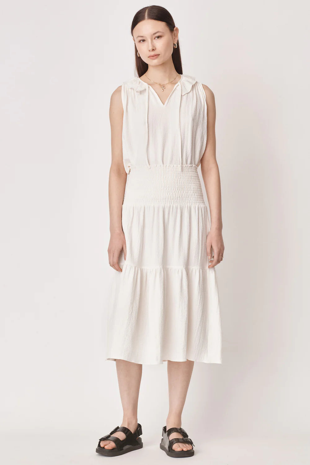 Midi off white skirt with shirred waist and double tier