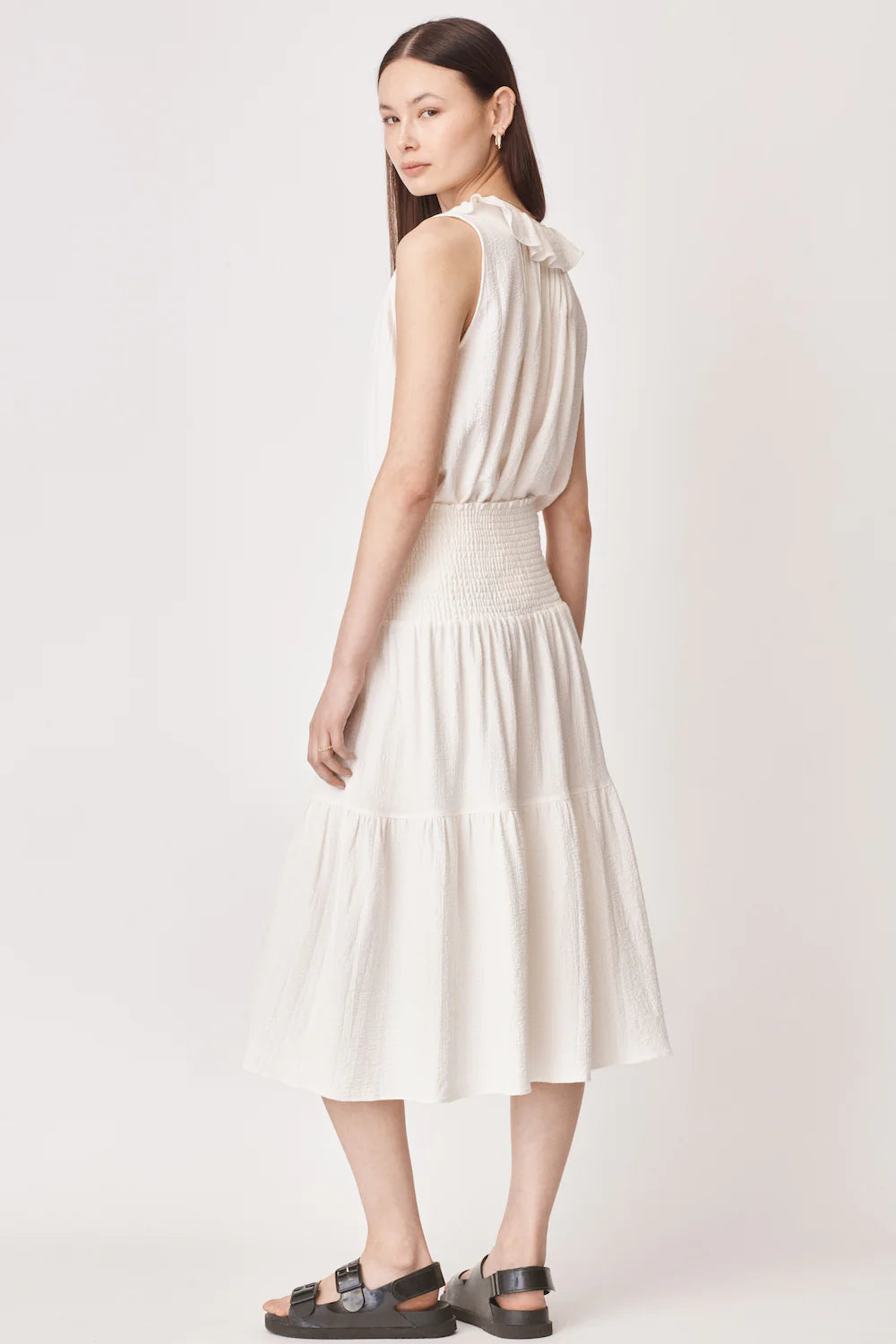 Midi off white skirt with shirred waist and double tier