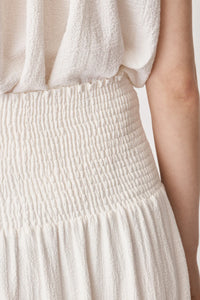 Midi off white skirt with shirred waist and double tier