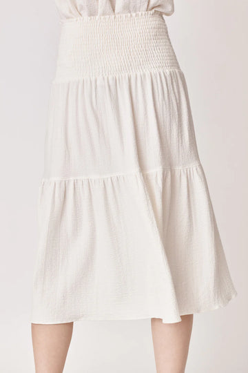 Midi off white skirt with shirred waist and double tier