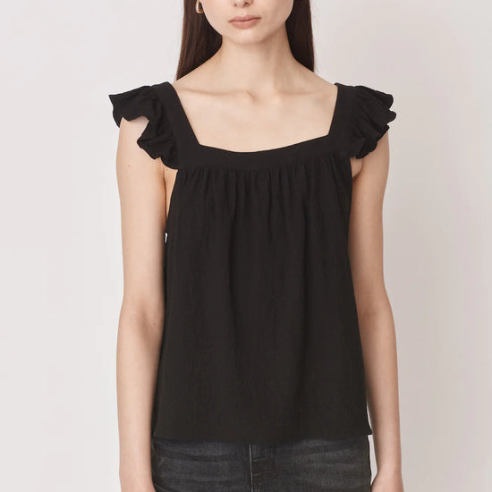 Ruffle capped sleeved top with square neck and backline in textured waffle like black fabric