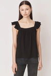 Ruffle capped sleeved top with square neck and backline in textured waffle like black fabric