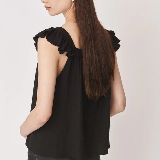 Ruffle capped sleeved top with square neck and backline in textured waffle like black fabricv