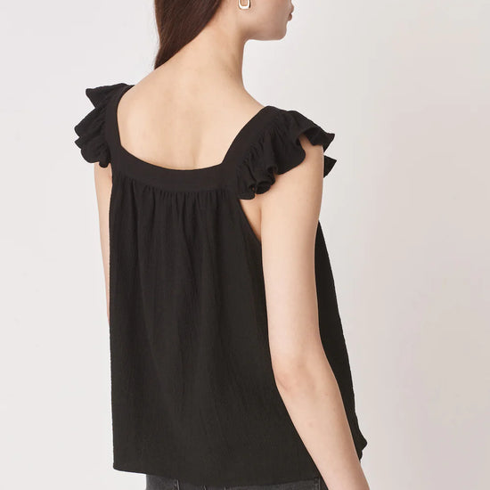 Ruffle capped sleeved top with square neck and backline in textured waffle like black fabricv