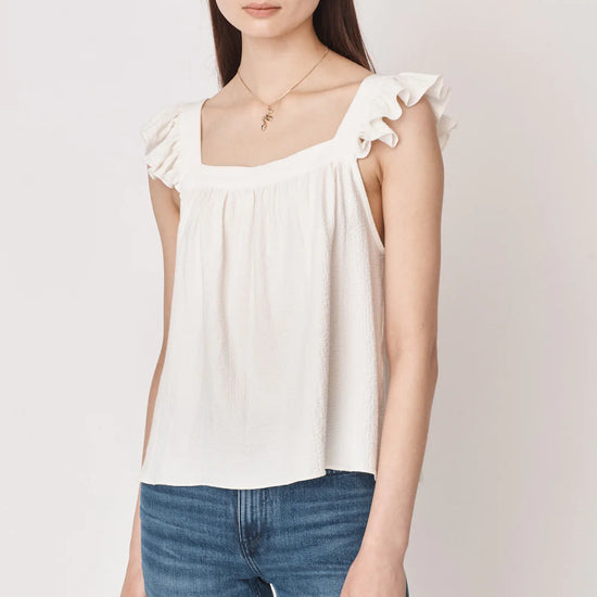 Ruffle capped sleeved top with square neck and backline in textured waffle like white ecru fabric