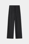 Black wide-leg cropped pants with an elastic waistband and drawstring, shown flat against a light gray background.