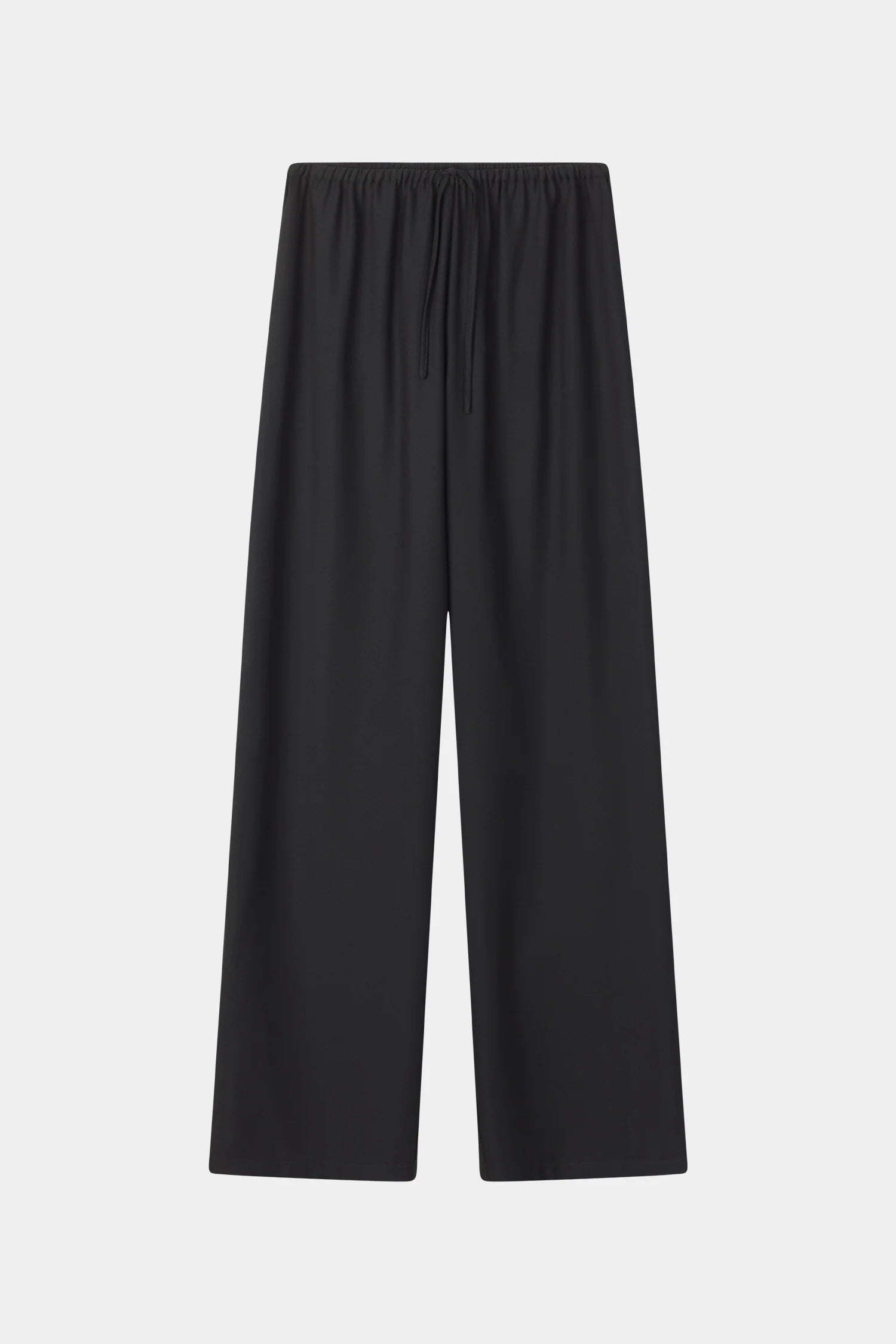 Black wide-leg cropped pants with an elastic waistband and drawstring, shown flat against a light gray background.