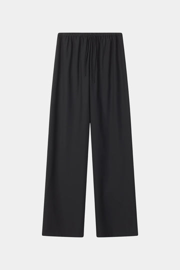 Black wide-leg cropped pants with an elastic waistband and drawstring, shown flat against a light gray background.