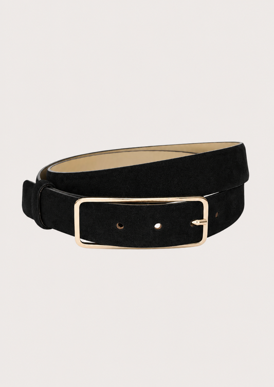 A black suede belt with gold buckle, shown coiled on a white background.
