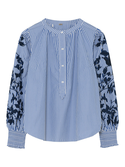 Blue and white stripe blouse with navy embroidered detail down the sleeves