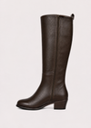 A dark brown knee-high leather boot with a low block heel and a side zipper, shown from a side profile on a light gray background.