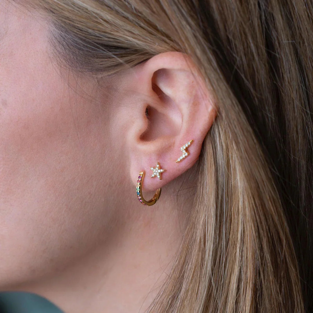 Mixed stone gold huggie earrings