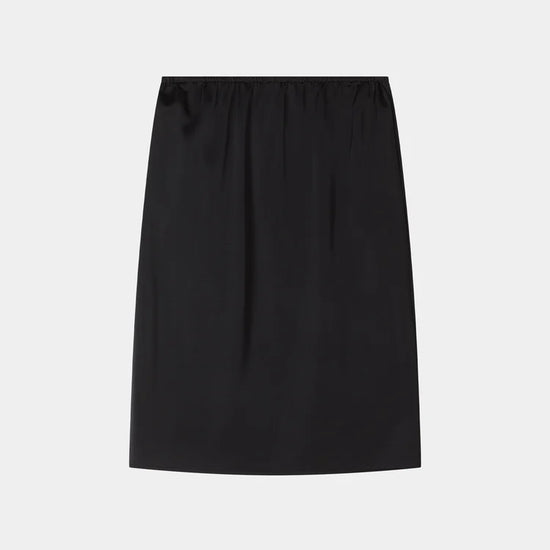 A black satin or silky A-line skirt with an elastic waistband, shown flat against a light gray background.