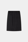 A black satin or silky A-line skirt with an elastic waistband, shown flat against a light gray background.