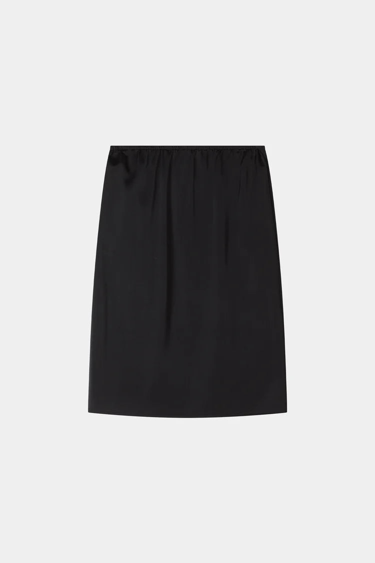 A black satin or silky A-line skirt with an elastic waistband, shown flat against a light gray background.