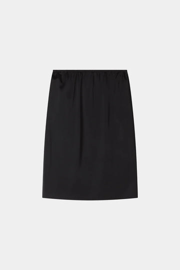 A black satin or silky A-line skirt with an elastic waistband, shown flat against a light gray background.