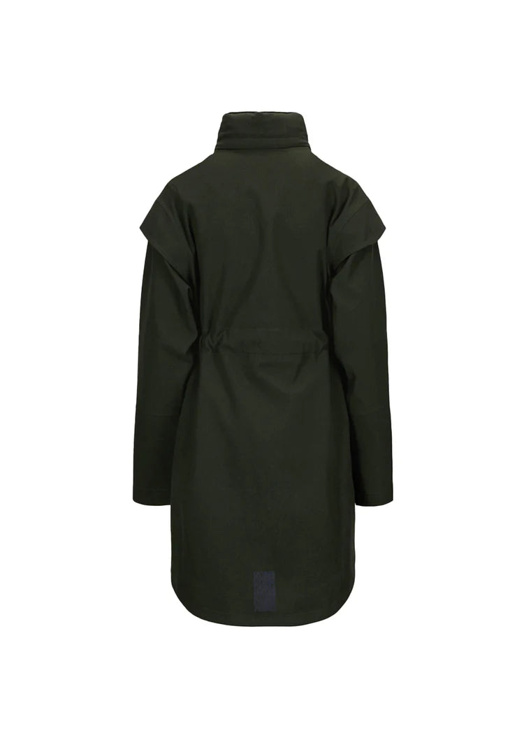 dark green waterproof short coat rear view 