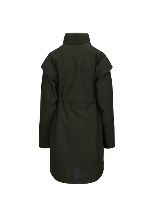 dark green waterproof short coat rear view 