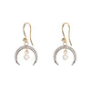 Earrings with hook fastening with oxidised horn shape with tiny pearl suspended from the centre