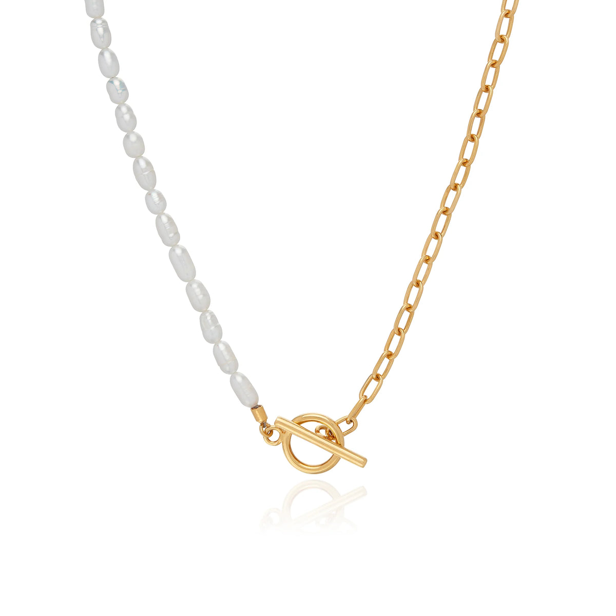 Half pearl beads and half gold link chain necklace with gold plated toggle fastening