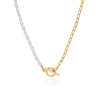 Half pearl beads and half gold link chain necklace with gold plated toggle fastening