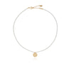 small pearl beaded necklace with gold circular charm