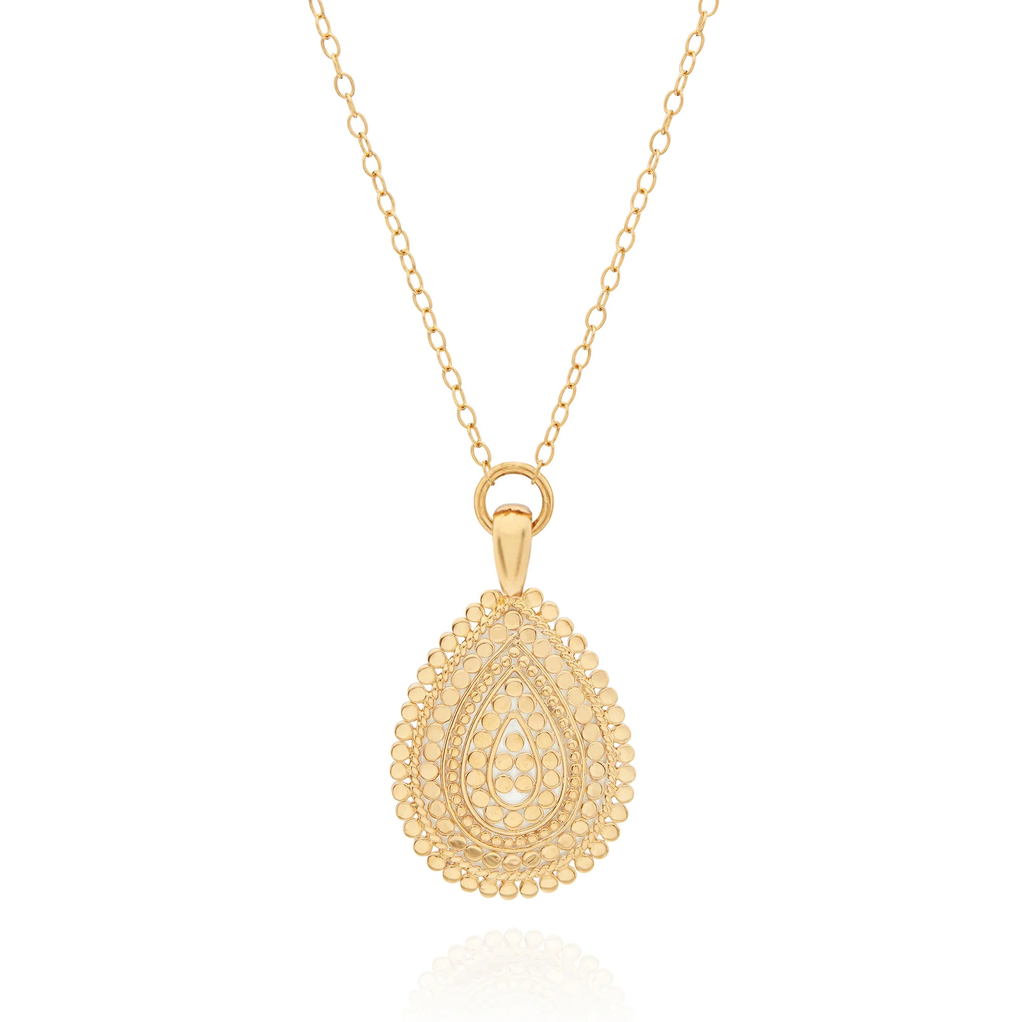 Teardrop shaped pendant gold necklace with gold dot details