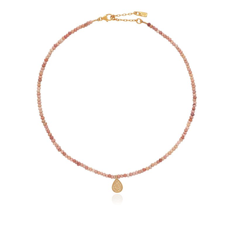 Pink opal beaded necklace with gold plated teardrop pendant and lobster clasp