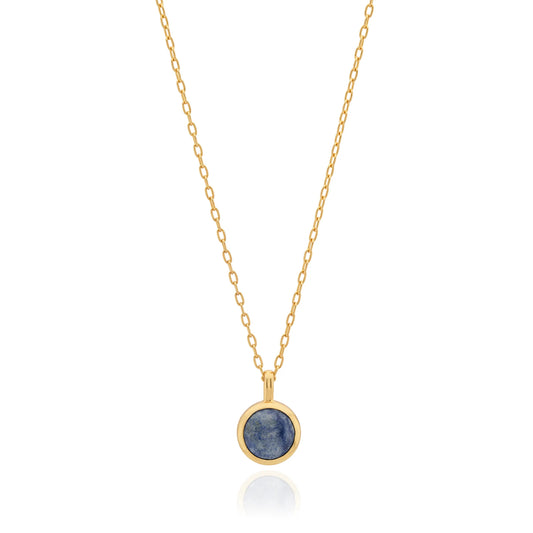 Blue circular stone pendant necklace on a gold plated sterling silver chain