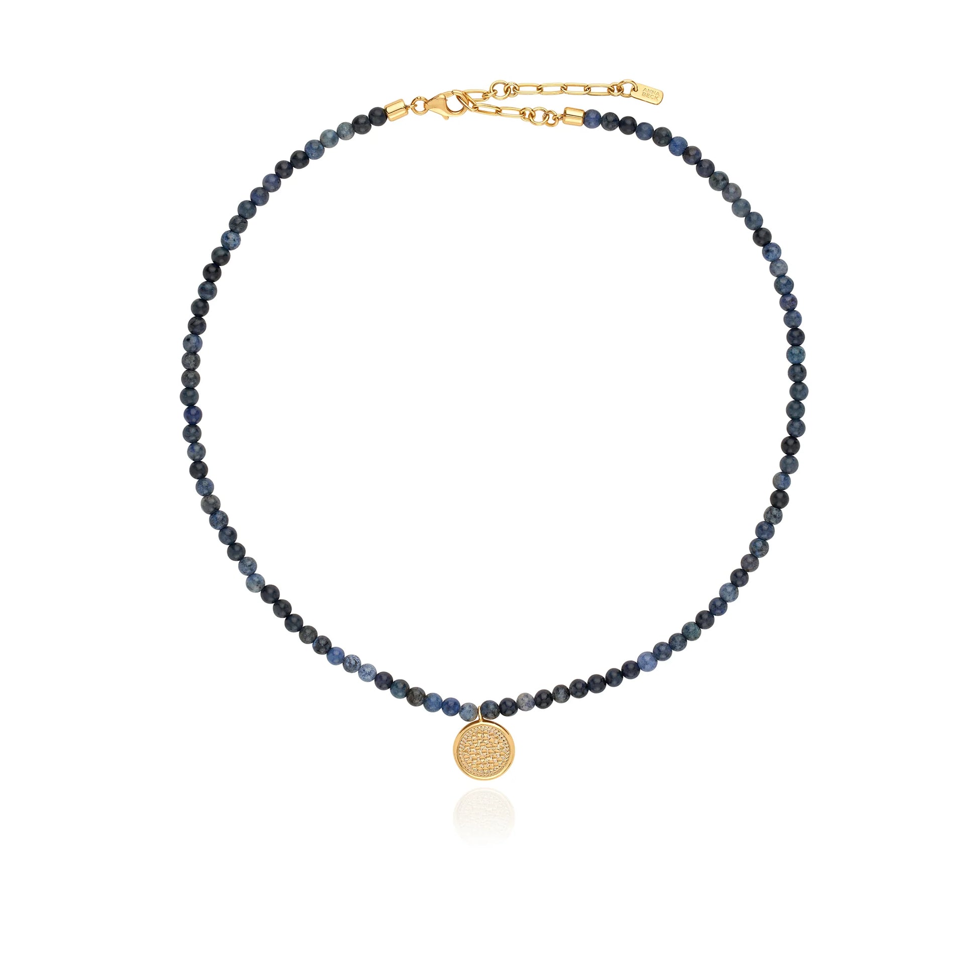 Blue beaded necklace with gold plated sterling silver charm